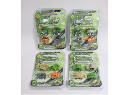 SET OF 4 MILITARY VEHICLES ON A 26 X19 CM CARD.