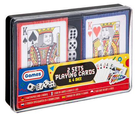 2 SETS OF PLAYING CARDS & 4 DICE
